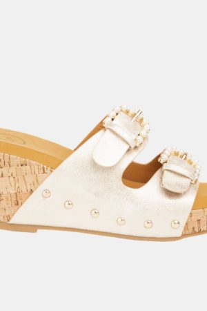 Brianna Pearl Buckle Wedge – Embellished Slide with Cork Heel in 3 Colors